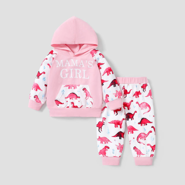 2pcs Baby Letter and Dinosaur Print Pink Long - sleeve Hoodie and Trousers Set - MomYom PK