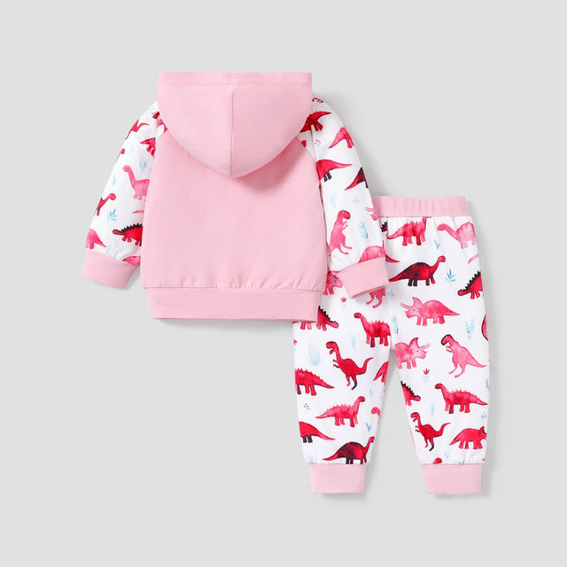 2pcs Baby Letter and Dinosaur Print Pink Long - sleeve Hoodie and Trousers Set - MomYom PK