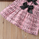 2pcs Baby Pink Tweed Plaid Long - sleeve Bowknot Top and Trousers Set - MomYom PK