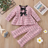 2pcs Baby Pink Tweed Plaid Long - sleeve Bowknot Top and Trousers Set - MomYom PK