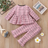 2pcs Baby Pink Tweed Plaid Long - sleeve Bowknot Top and Trousers Set - MomYom PK