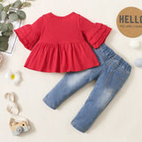 2pcs Baby Red Bell Sleeve Loose - fit Top and Floral Embroidered Ripped Denim Jeans Set - MomYom PK