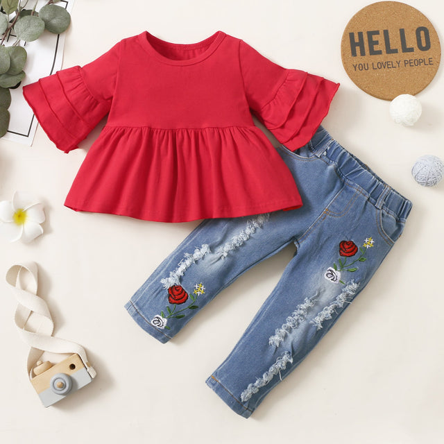 2pcs Baby Red Bell Sleeve Loose - fit Top and Floral Embroidered Ripped Denim Jeans Set - MomYom PK