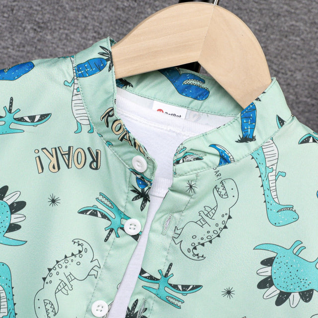 2pcs Kid Boy Allover Dinosaur Print Short - sleeve Shirt and Solid Shorts Set - MomYom PK