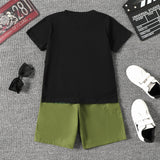 2pcs Kid Boy Dinosaur Print Short - sleeve Tee and Pocket Design Shorts Set - MomYom PK