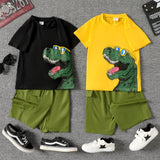 2pcs Kid Boy Dinosaur Print Short - sleeve Tee and Pocket Design Shorts Set - MomYom PK