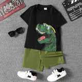 2pcs Kid Boy Dinosaur Print Short - sleeve Tee and Pocket Design Shorts Set - MomYom PK