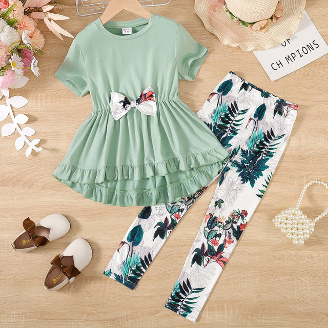 2pcs Kid Girl Bow Front Peplum Top and Plant Floral Pants Set - MomYom PK