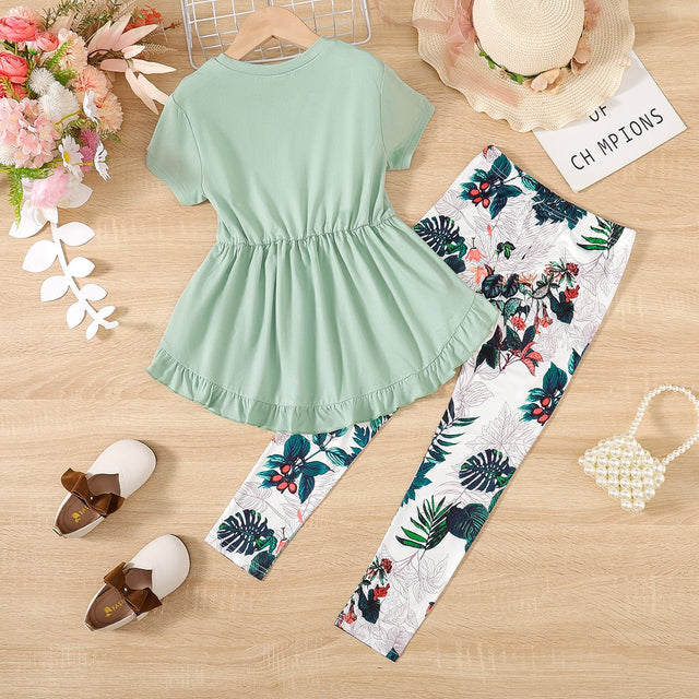 2pcs Kid Girl Bow Front Peplum Top and Plant Floral Pants Set - MomYom PK