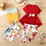 2pcs Kid Girl Bow Front Peplum Top and Plant Floral Pants Set - MomYom PK