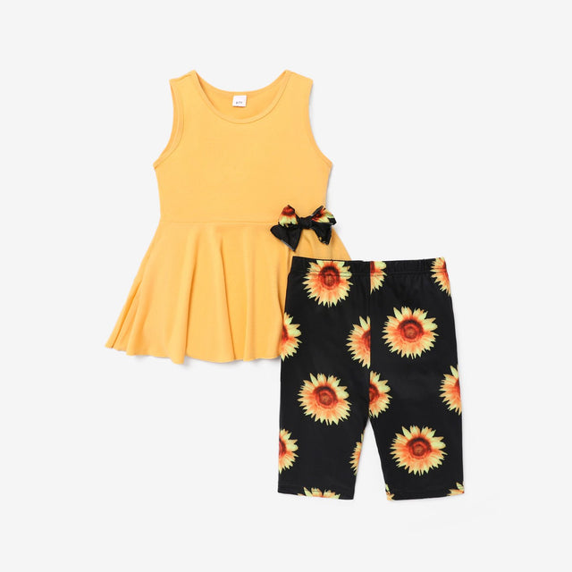 2pcs Kid Girl Bowknot Design Sleeveless Tee and Floral Print Leggings Shorts Set - MomYom PK