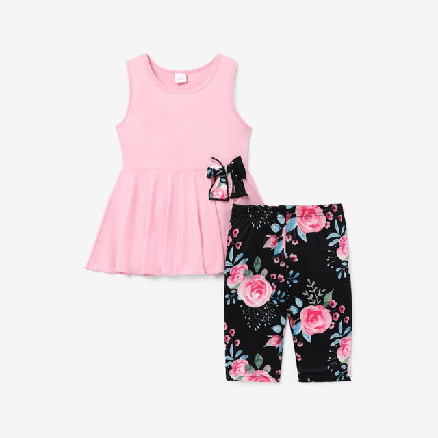 2pcs Kid Girl Bowknot Design Sleeveless Tee and Floral Print Leggings Shorts Set - MomYom PK