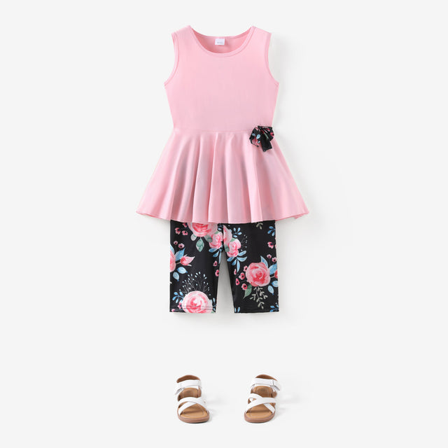 2pcs Kid Girl Bowknot Design Sleeveless Tee and Floral Print Leggings Shorts Set - MomYom PK