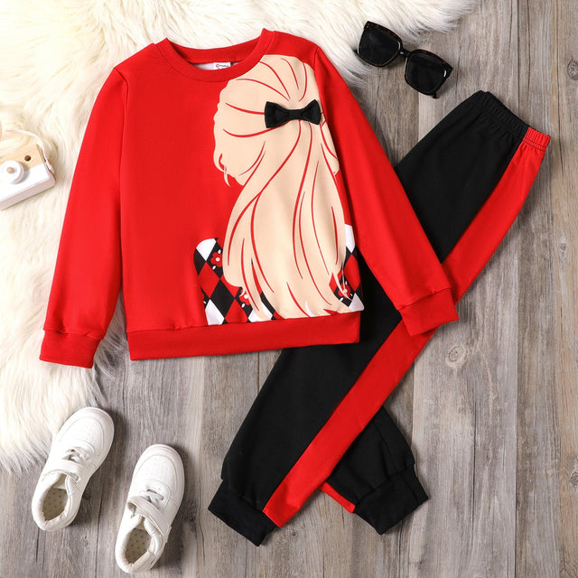 2pcs Kid Girl Character Print Red Sweatshirt and Colorblock Pants Set - MomYom PK