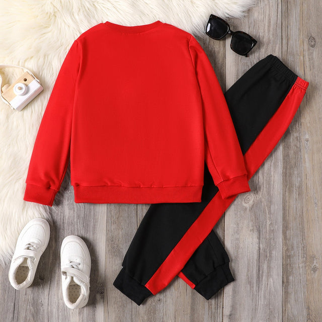 2pcs Kid Girl Character Print Red Sweatshirt and Colorblock Pants Set - MomYom PK