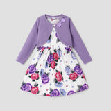 2pcs Kid Girl Floral Print Sleeveless Dress and Long - sleeve Purple Bowknot Design Cardigan Set - MomYom PK