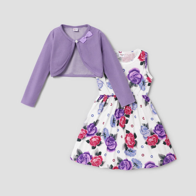 2pcs Kid Girl Floral Print Sleeveless Dress and Long - sleeve Purple Bowknot Design Cardigan Set - MomYom PK