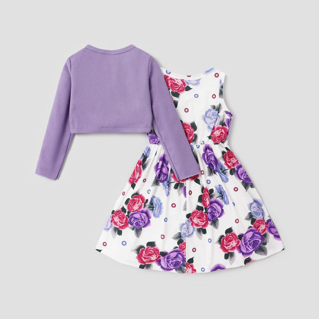 2pcs Kid Girl Floral Print Sleeveless Dress and Long - sleeve Purple Bowknot Design Cardigan Set - MomYom PK