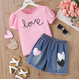 2pcs Kid Girl Letter Print Short - sleeve Top and Heart Graphic Denim Shorts Set - MomYom PK