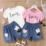 2pcs Kid Girl Letter Print Short - sleeve Top and Heart Graphic Denim Shorts Set - MomYom PK