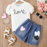 2pcs Kid Girl Letter Print Short - sleeve Top and Heart Graphic Denim Shorts Set - MomYom PK