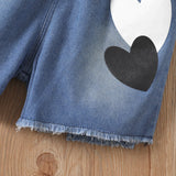 2pcs Kid Girl Letter Print Short - sleeve Top and Heart Graphic Denim Shorts Set - MomYom PK