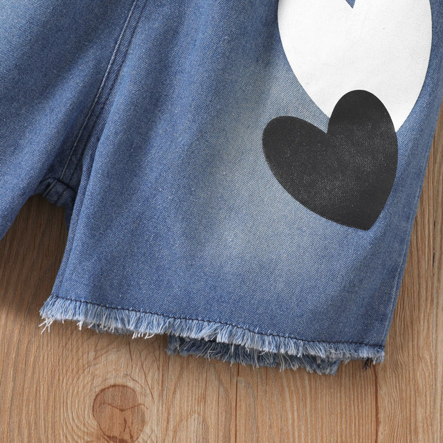 2pcs Kid Girl Letter Print Short - sleeve Top and Heart Graphic Denim Shorts Set - MomYom PK