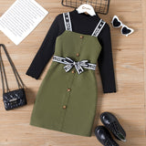 2pcs Kid Girl Mock Neck Lettuce Trim Long - sleeve Black Tee ann Letter Print Green Overall Dress Set - MomYom PK