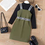 2pcs Kid Girl Mock Neck Lettuce Trim Long - sleeve Black Tee ann Letter Print Green Overall Dress Set - MomYom PK