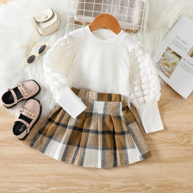 2pcs Kid Girl Textured Gigot Sleeve White Tee and Plaid Pleated Skirt Set - MomYom PK