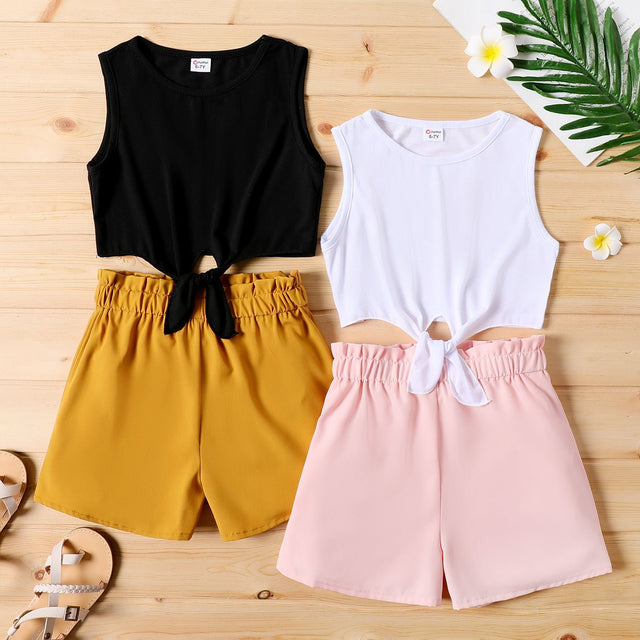 2pcs Kid Girl Tie Knot Sleeveless Tee and Elasticized Paperbag Shorts Set - MomYom PK