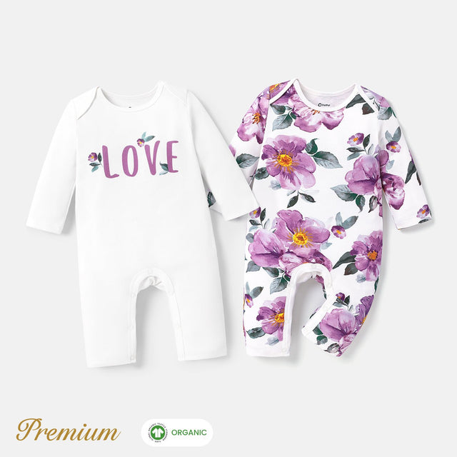 2pcs Long Sleeve Organic Cotton Baby Girl Jumpsuit Set with Big Floral Pattern - MomYom PK