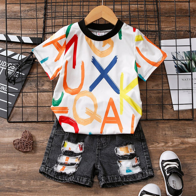 2pcs Toddler Boy Avant - garde Ripped Denim Shorts Letter Print Tee Set - Flash Delivery - MomYom PK