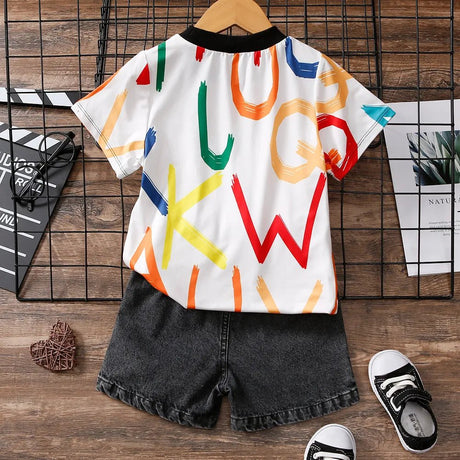 2pcs Toddler Boy Avant - garde Ripped Denim Shorts Letter Print Tee Set - Flash Delivery - MomYom PK