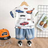 2pcs Toddler Boy Car Print Short - sleeve Tee and Ripped Denim Shorts Set - MomYom PK