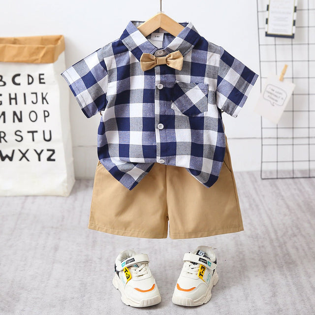 2pcs Toddler Boy Casual Plaid Shirt & Khaki Shorts Set - MomYom PK