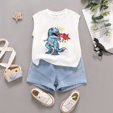 2pcs Toddler Boy Dinosaur Print Tank Top and Denim Shorts Set - MomYom PK