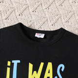 2pcs Toddler Boy Letter Print Short - sleeve Black Tee and Dinosaur Print Colorblock Shorts Set - MomYom PK