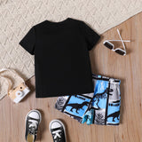 2pcs Toddler Boy Letter Print Short - sleeve Black Tee and Dinosaur Print Colorblock Shorts Set - MomYom PK