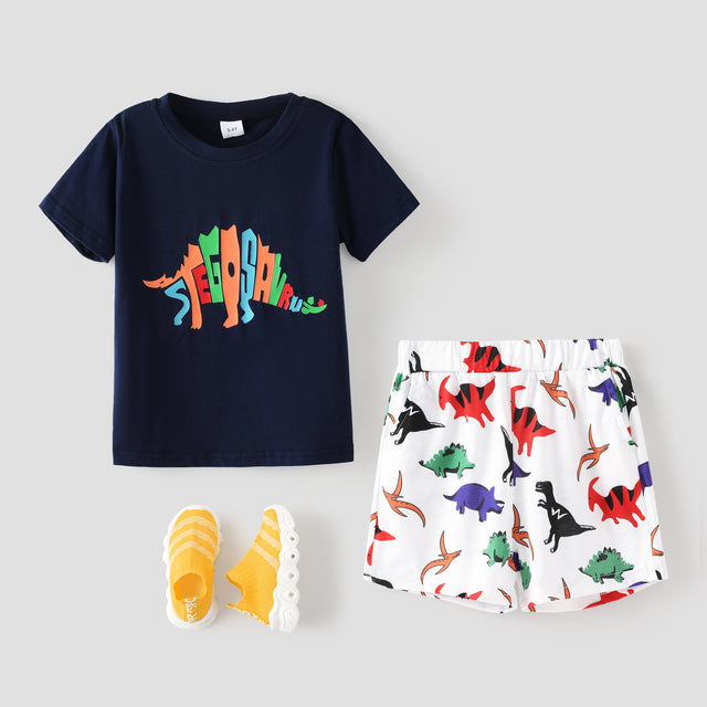 2pcs Toddler Boy Playful Dinosaur Print Short - sleeve Tee and Shorts Set - MomYom PK