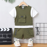 2pcs Toddler Boy Trendy Patch Pocket Short - sleeve Cotton Top and Cargo Shorts Set - MomYom PK