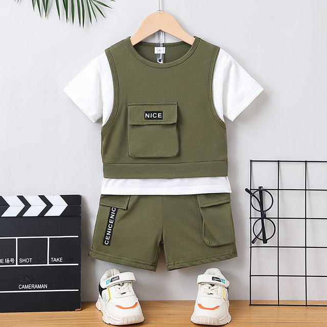 2pcs Toddler Boy Trendy Patch Pocket Short - sleeve Cotton Top and Cargo Shorts Set - MomYom PK