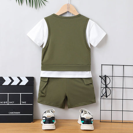 2pcs Toddler Boy Trendy Patch Pocket Short - sleeve Cotton Top and Cargo Shorts Set - MomYom PK