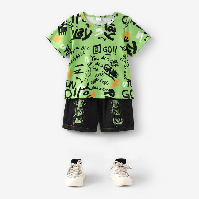 2pcs Toddler Boy Trendy Ripped Denim Shorts and Letter Print Tee Set - MomYom PK