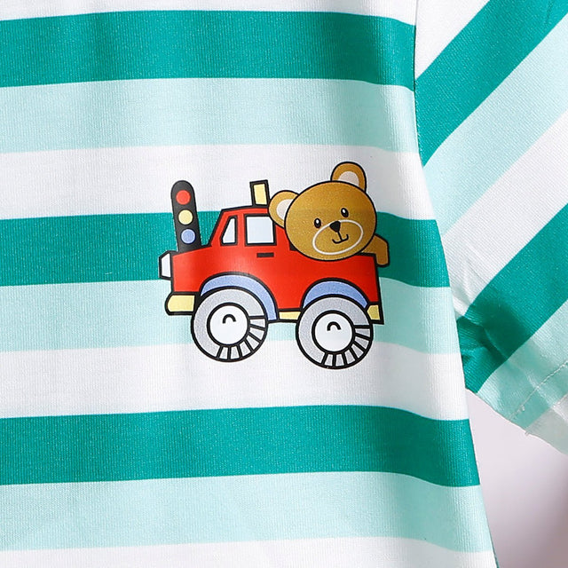 2pcs Toddler Boy Vehicle Print Stripe Short - sleeve Tee and 95% Cotton Denim Shorts Set - MomYom PK