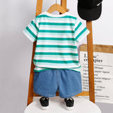 2pcs Toddler Boy Vehicle Print Stripe Short - sleeve Tee and 95% Cotton Denim Shorts Set - MomYom PK