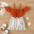 2pcs Toddler Girl 100% Cotton Front Bow Decor Flutter - sleeve Top and Striped Ruffled Skirt Set - MomYom PK