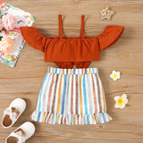 2pcs Toddler Girl 100% Cotton Front Bow Decor Flutter - sleeve Top and Striped Ruffled Skirt Set - MomYom PK