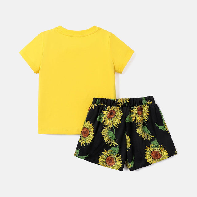 2pcs Toddler Girl 100% Cotton Letter Graphic Short - sleeve Tee and Allover Sunflower Print Pom Poms Shorts Set - MomYom PK