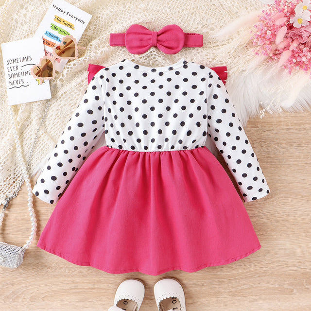 2pcs Toddler Girl Bear Graphic Ruffle Trim Long - sleeve Dress & Headband Set - MomYom PK